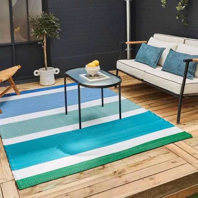 THE RUGS Reversible Weatherproof Striped Rainbow Outdoor Garden Patio Rug in Blue and Multicolour, W/D: 120 x 160 cm – 1