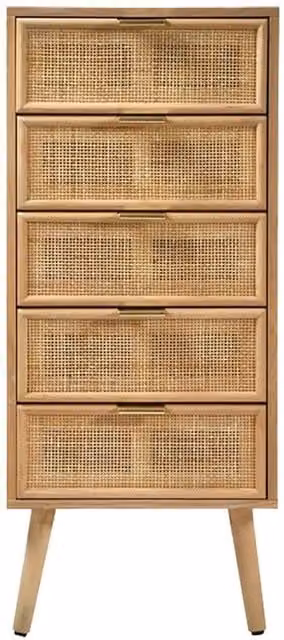 CALICOSY MIYA 5-Drawer Chest with Natural Rattan Fronts in Light Brown, W: 36.5 cm, H: 100.5 cm – 1