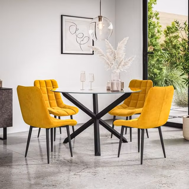 More4Homes Malvern Round Dining Table with Clear Glass Top and Solid Oak Black Legs and Set of 4 Nova Mustard Velvet Dining Chairs, Diameter: 120 cm, Height: 75 cm – 1