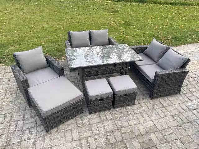 Fimous 8 Seater Outdoor Garden Dining Set with PE Rattan Sofa and Dining Table in Dark Grey Mixed