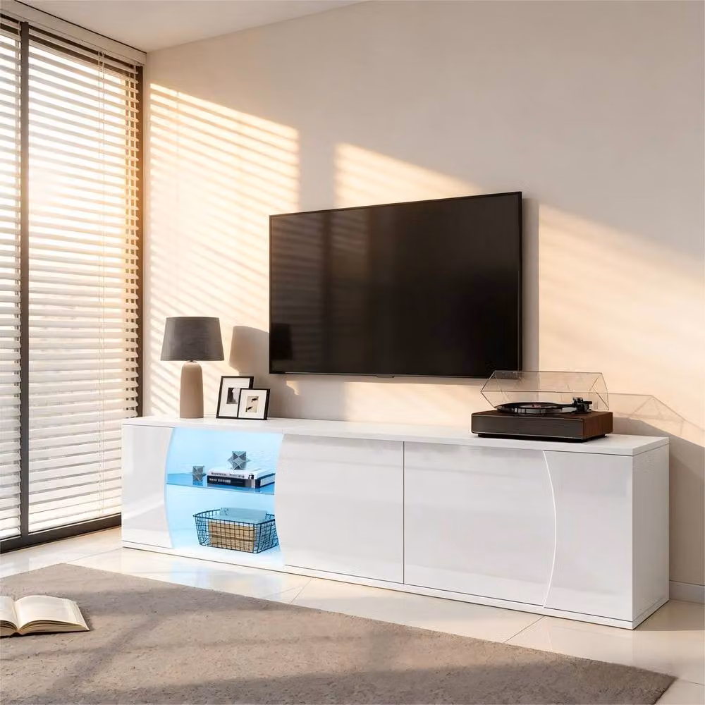 BTM Modern White Glossy TV Cabinet Lowboard with LED and Glass Doors, W/D/H: 180 x 40 x 45 cm – 2