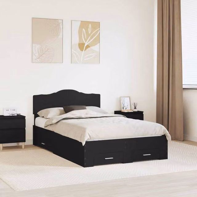 Berkfield Home Modern Bed Frame with Headboard in Black, Engineered Wood, W: 135 cm, L: 190 cm