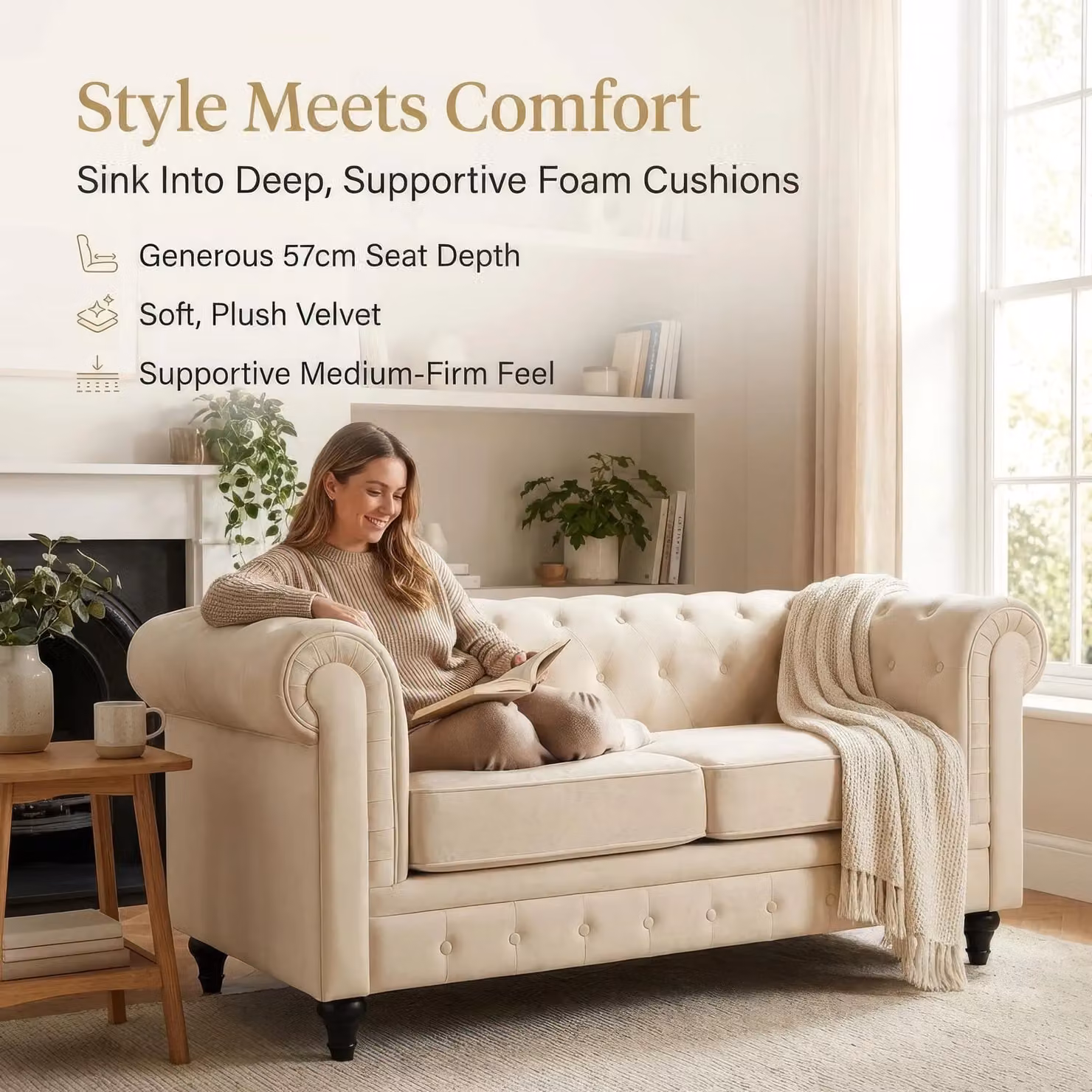 Bravich LTD 3 Seater Chesterfield Scroll Arm Velvet Sofa in Beige – 2
