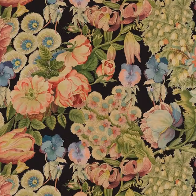 AMATORIA MAGNA Vintage Floral Wallpaper Sample in Black and Multicolour