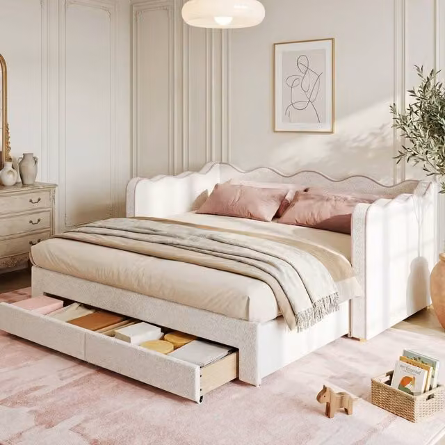 ModernLuxe Upholstered Single Daybed with Pull Out Trundle, 2 Drawers and USB Charging Port in Beige, W/D/H: 190 x 180 x 74 cm