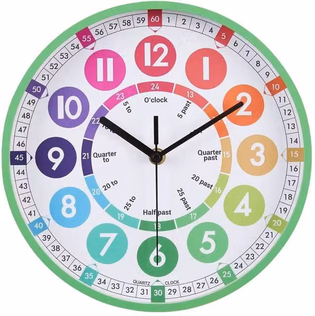 FLAVORA Green Childrens Wall Clock for Learning to Tell the Time, W: 100 cm, H: 60 cm