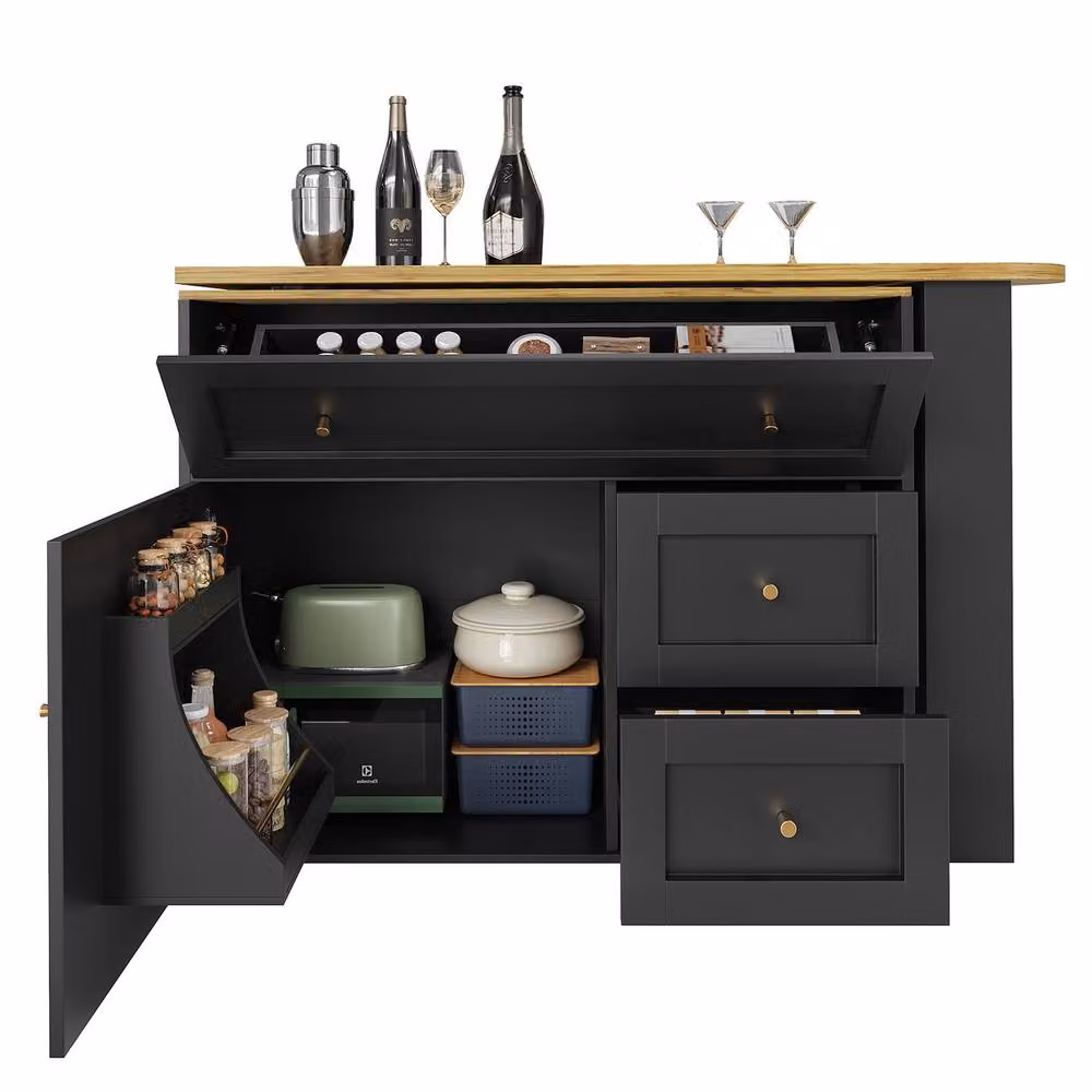 Rolipo Black Extendable Bar Table with Storage and Rotating Kitchen Island – 6