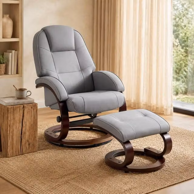 STILVORA Grey Swivel Recliner Armchair with Ottoman and Solid Wood Frame – 1