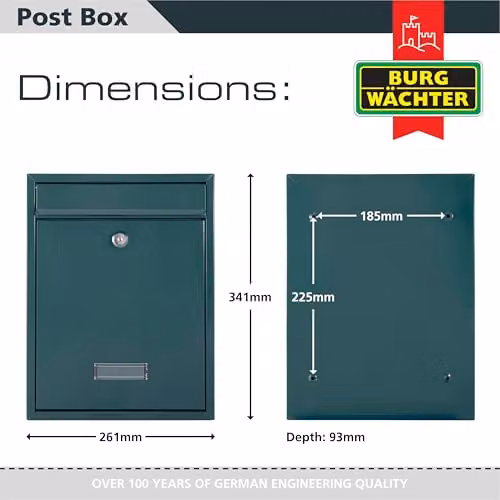 Burg-Wächter MB19G Trent Wall Mounted Galvanised Steel Lockable Weatherproof Post Box, Green, W: 26 cm, H: 34 cm, D: 9 cm – 4