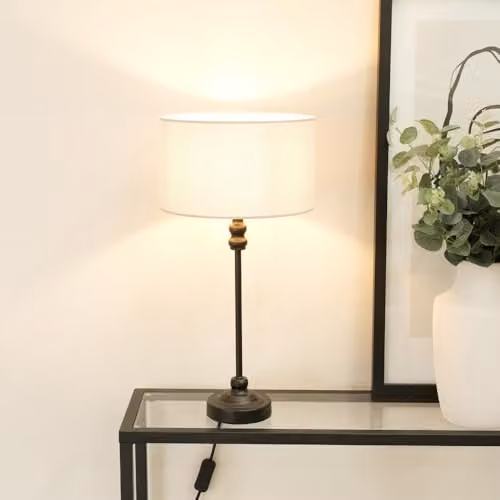 ValueLights Maggie Black Metal Candlestick Table Lamp with White Fabric Drum Shade – 2