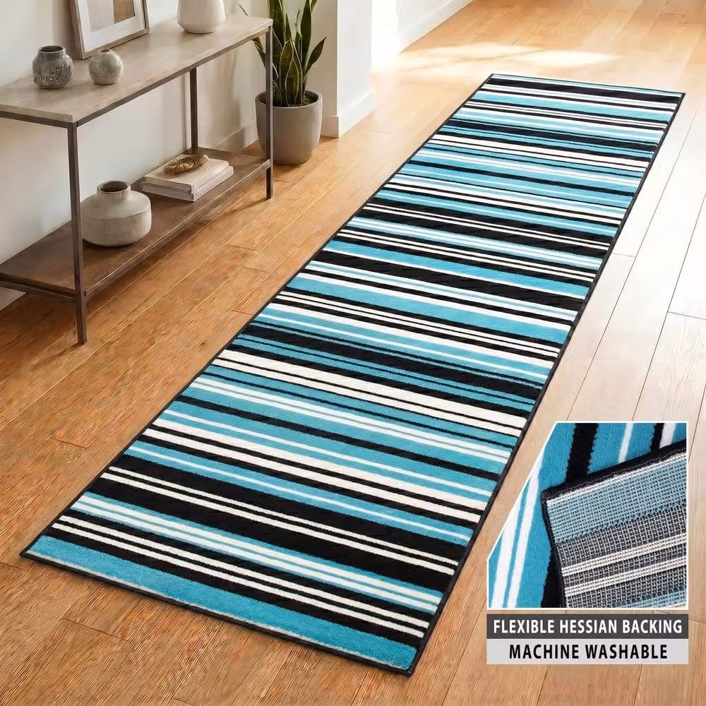 Bravich LTD Two Tone Striped Hallway Runner Rug in Teal, W: 60 cm x L: 810 cm – 4