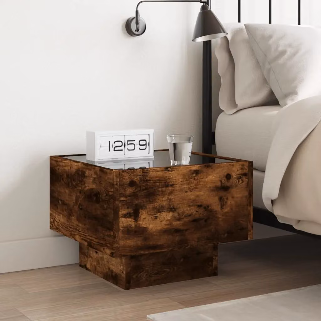 Berkfield Home Bedside Table with Infinity LED and Mirror Top in Smoked Oak Brown, W/D/H: 40 x 40 x 30 cm – 2