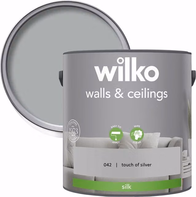 wilko Walls and Ceilings Silk Emulsion Paint, Touch of Silver, 2.5 l