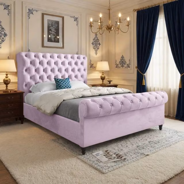 KDMD Welshampton Sleigh Upholstered Designer Bed Frame in Pink Soft Velvet, Size: Double (140 x 200 cm) – 1