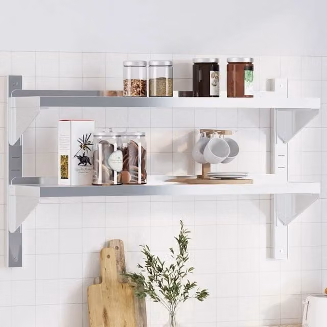 Berkfield Home 2-Tier Wall Mounted Metal Shelf in Silver, W/D/H: 100 x 23.5 x 60 cm