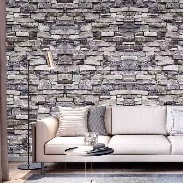 Livingandhome Retro 3D Stone Look Grey Adhesive PVC Striped Wallpaper