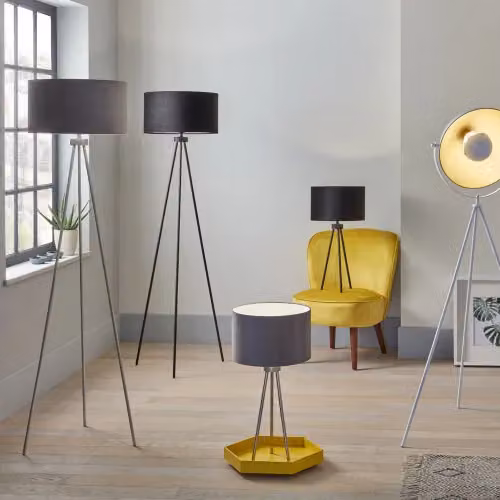 Pacific Lifestyle Houston Minimalist Metal Tripod Floor Lamp with Black Fabric Shade in Silver – 3