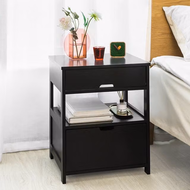 SoBuy Modern Black Bedside Table with 2 Drawers