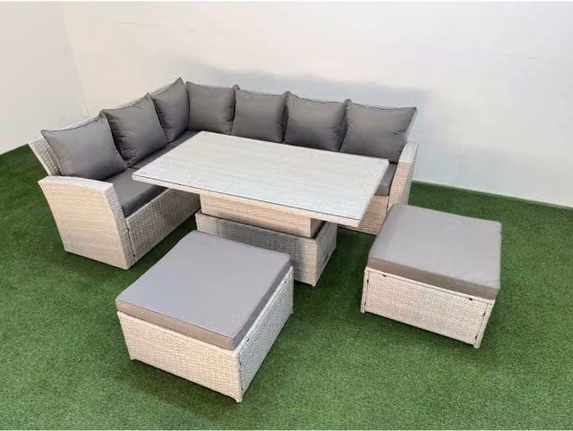 Fimous 8-seat rattan outdoor corner sofa set with adjustable lift table in grey