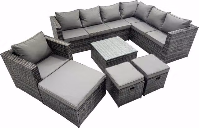 Fimous 10-Seat L-Shaped PE Rattan Garden Sofa Set in Dark Grey with Coffee Table and Ottoman