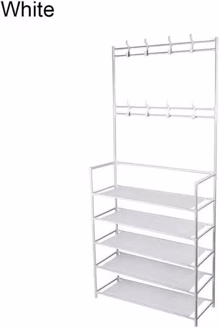 Kelvenix White Metal 5-Tier Coat and Hat Stand with 8 Hooks and Shoe Rack