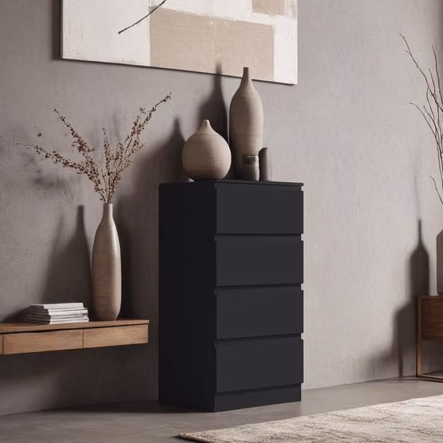 FWStyle Matt Black Minimalist Chest of Drawers, Width: 99 cm