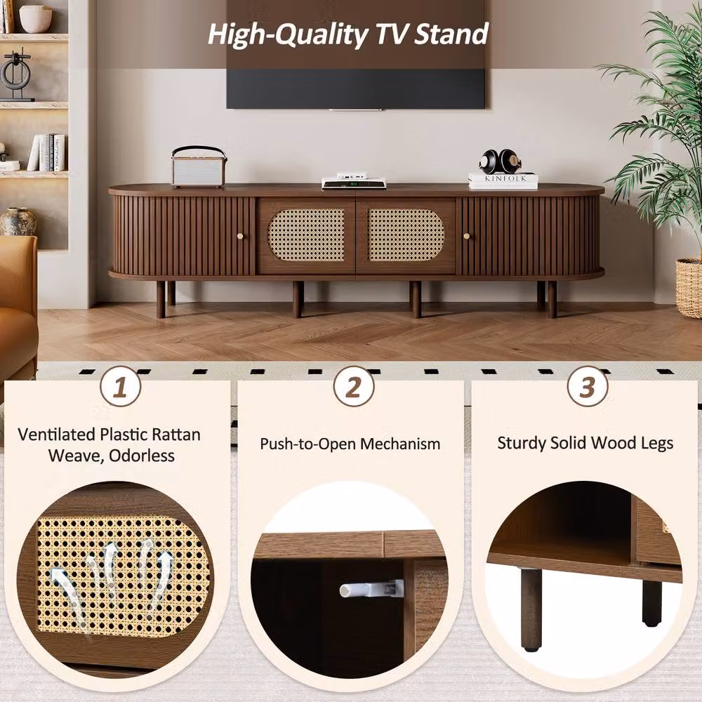 Rolipo Dark Walnut Oval TV Stand, Brown Rattan Lowboard for 80 Inch TVs, W: 180 cm, D: 40 cm – 3