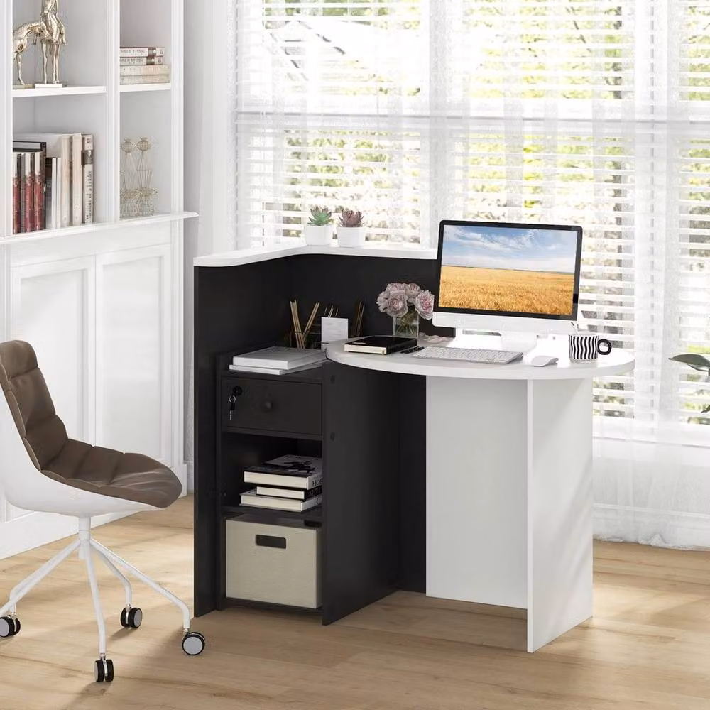 PAWNORA Modern Black Corner Reception Desk with Matt MDF Laminate Finish – 5