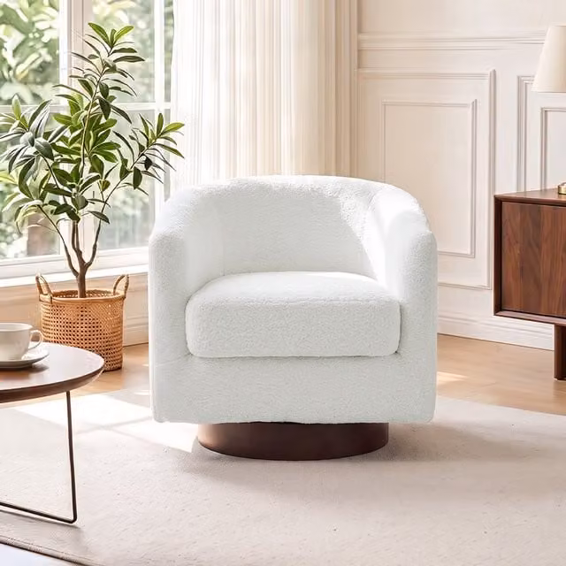 Livingandhome Modern Bouclé Fabric Swivel Tub Chair with Armrests in Beige and White
