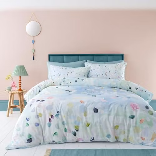 Appletree Spring Duck Egg Blue and White Floral 100% Cotton Duvet Cover and Pillowcase Set, W/D/H: 135 x 200 cm