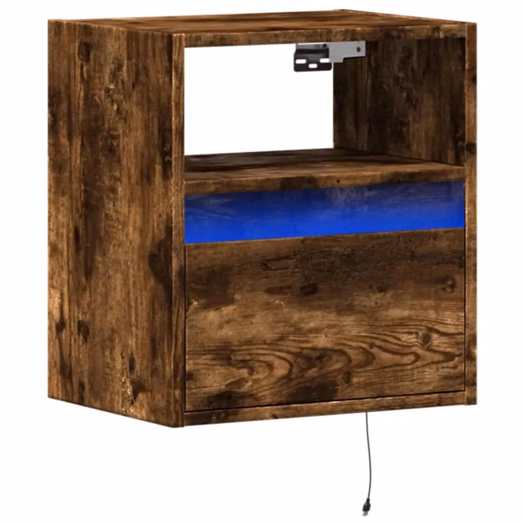 Berkfield Home Wall-mounted Bedside Cabinet with Integrated LED Lights in Smoked Oak Brown – 3