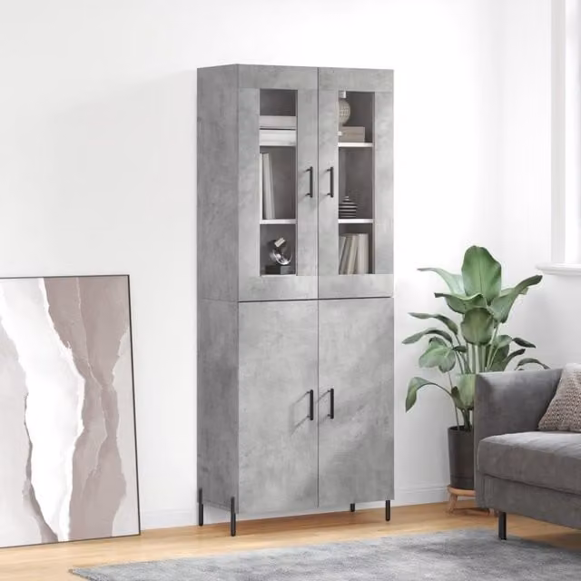 Berkfield Home Highboard in Concrete Grey with Glass Doors, W/D/H: 69.5 x 34 x 180 cm