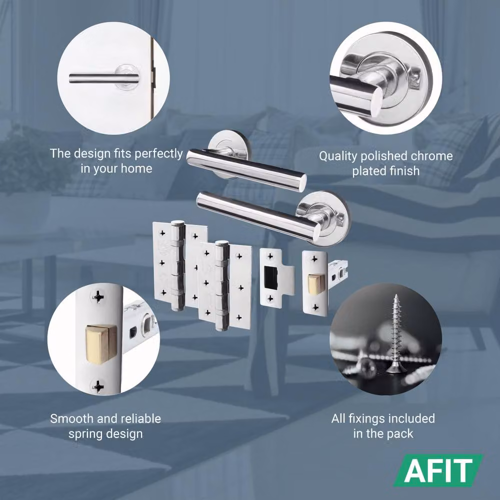 AFIT Chrome T-Bar Door Handles with Round Rose and Latch Hinges, Silver, 3 Pack – 2