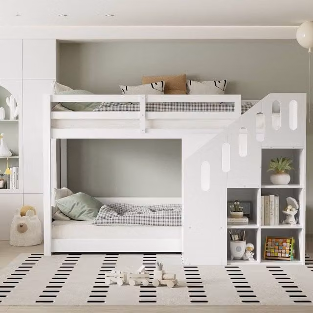 Rolipo Modern White Lacquered Bunk Bed for Children with Stairs and Side Compartments, W/D/H: 140 x 200 cm