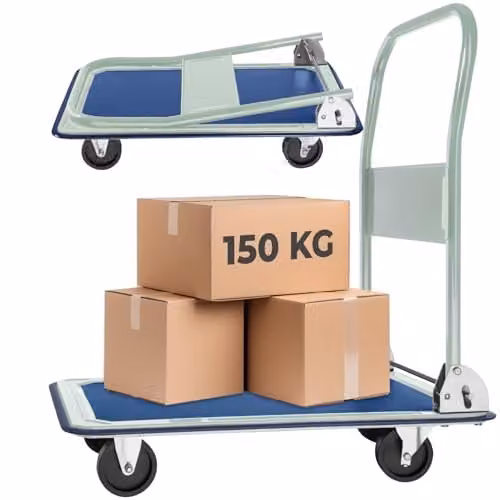 tectake Platform Trolley in Blue with 150 kg Load Capacity, Foldable Handle and Robust Steel Construction – 1