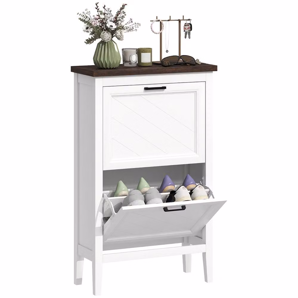 HOMCOM Modern Shoe Cabinet with Tilting Compartments and Internal Shelves, White – 2
