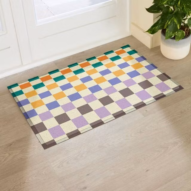 Artsy Mats Elizabeth Olwen Check Fade Indoor/Outdoor Doormat in Beige and Multicolour, W/D/H: 90 x 60 cm