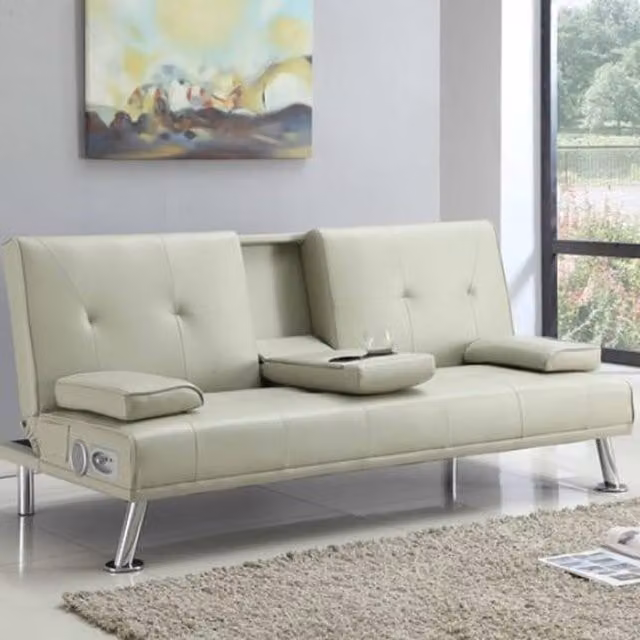 Comfy Living Beige Faux Leather Bluetooth Cinema Sofa Bed with Cup Holders
