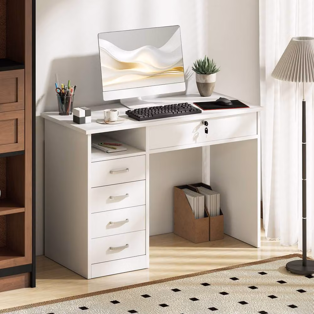 Rolipo White Computer Desk with Lockable Drawer and Storage Shelf W: 110 cm, D: 50 cm – 2
