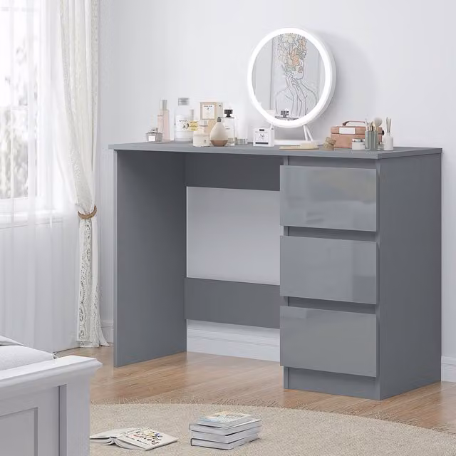 FWStyle Modern High Gloss Grey Dressing Table with 3 Drawers