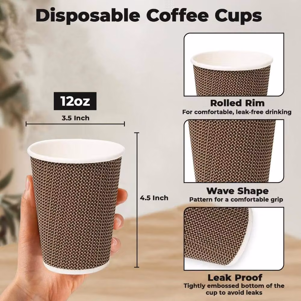 ECONX 12oz Disposable 3PLY Kraft Ripple Paper Coffee Cups in Brown, 50 Pieces – 2