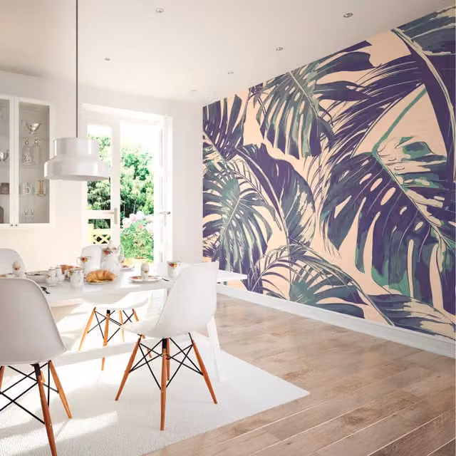 Origin Murals Palm Leaves Floral Wall Mural in Pink, Green and Multicolour