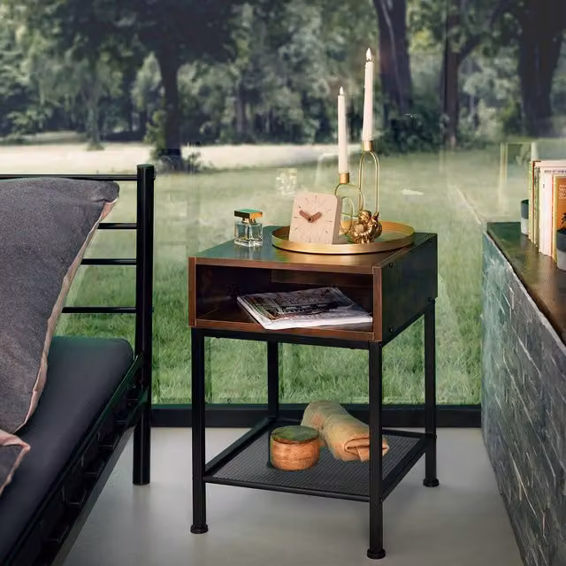 tectake Harlow Industrial Bedside Table in Brown and Black