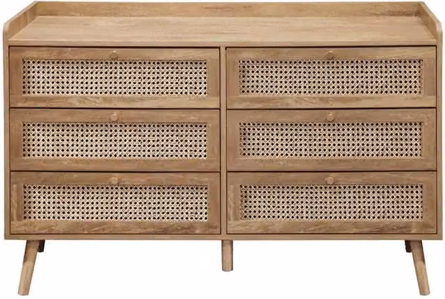 CALICOSY Palmo 6-Drawer Chest with Natural Rattan Fronts in Light Brown, W: 120 cm – 1