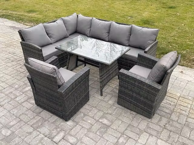 Fimous 8 Seater Rattan Garden Furniture Set with Oblong Dining Table and 2 Armchairs in Dark Grey