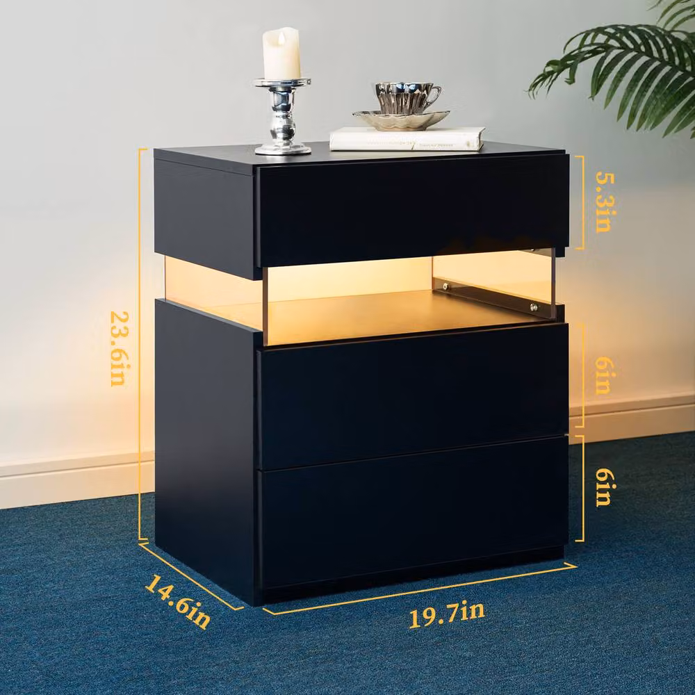 Direct Wicker Black Wicker and Acrylic LED Nightstand with 3 Drawers – 2