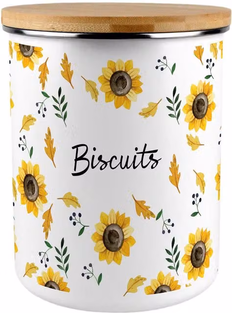Purely Home Floral Sunflowers Extra Large Enamel Metal Biscuit Tin in Yellow and White