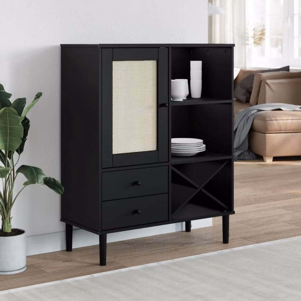 Berkfield Home Senja Highboard in Black Rattan Look Solid Pine Wood, W/D/H: 90 x 40 x 112 cm – 2