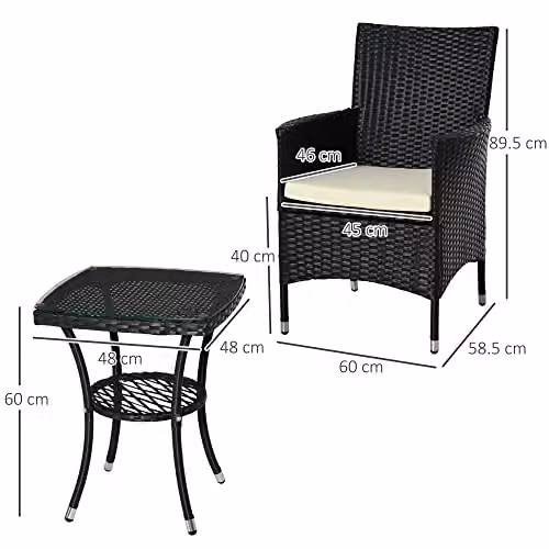 Outsunny 3 Piece Rattan Bistro Set with Glass Top Table and Chairs in Black – 6