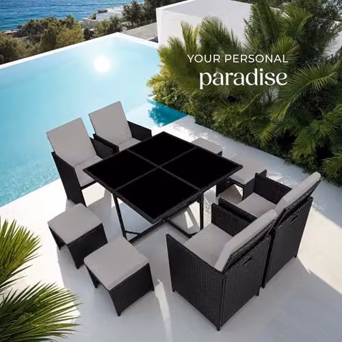 tectake Polyrattan Garden Furniture Set with Aluminium Base, Including 4 Dining Chairs, 1 Table and 4 Stools, Black/Grey – 10